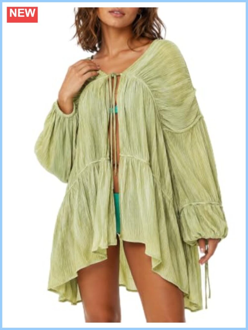 Women's Pleated Sheer Kimono Swim Coverup Tie-Front Duster Top